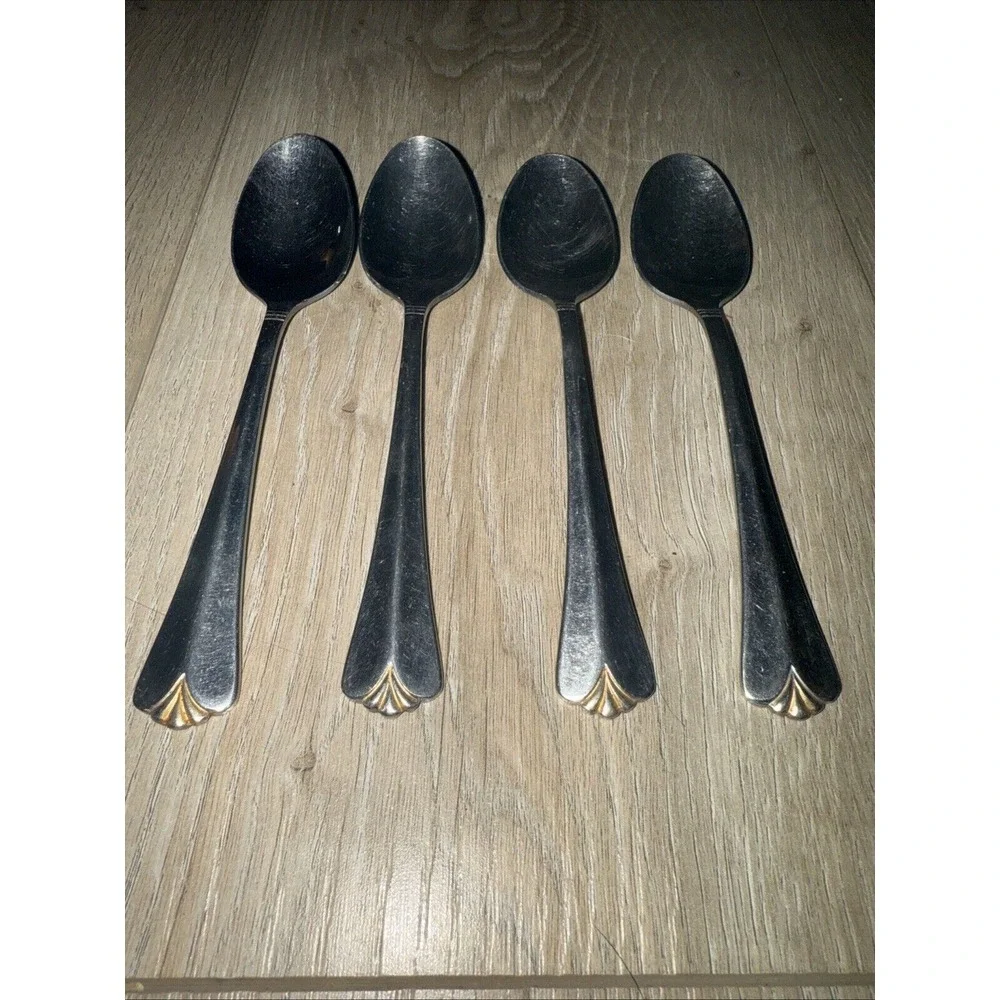 4 PCs Rogers COUNTRY SHELL GOLD Glossy Gold Tip Flatware Teaspoons *read‎